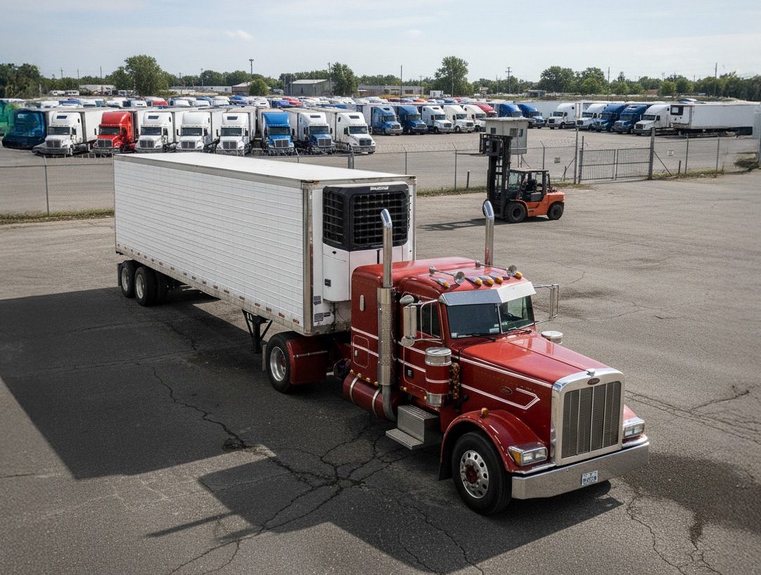 Red semi-truck with trailer in a logistics yard.