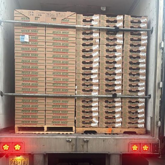 Stacked boxes of produce secured inside a refrigerated trailer.